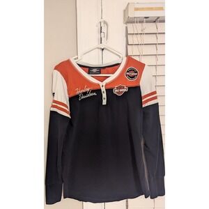 Harley Davidson Women Long Sleeve Henley Shirt Colorblock Orange Blk Whit Sz S